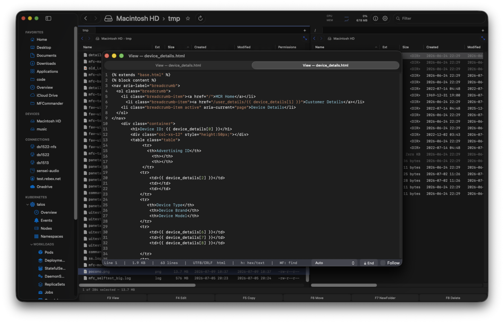 Syntax-highlighted file viewer over the MFCommander workspace