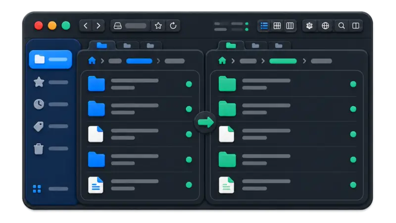 Illustration of a dark-mode dual-pane file manager in one window, with a sidebar, tabs, and toolbar.
