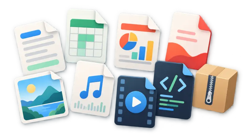 Illustrated document, spreadsheet, presentation, image, audio, video, code, and archive file icons.
