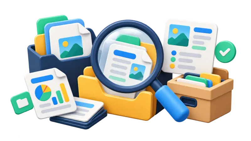 Illustration of search, folders, file details, and an archive box.
