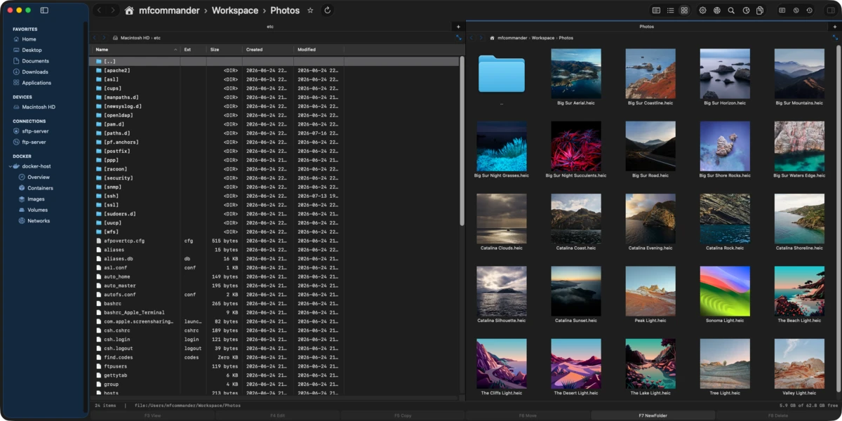MFCommander with two panes open: a detailed listing of a local system folder on the left, and a grid of photo thumbnails on the right, with SFTP, FTP, and Docker connections in the sidebar.