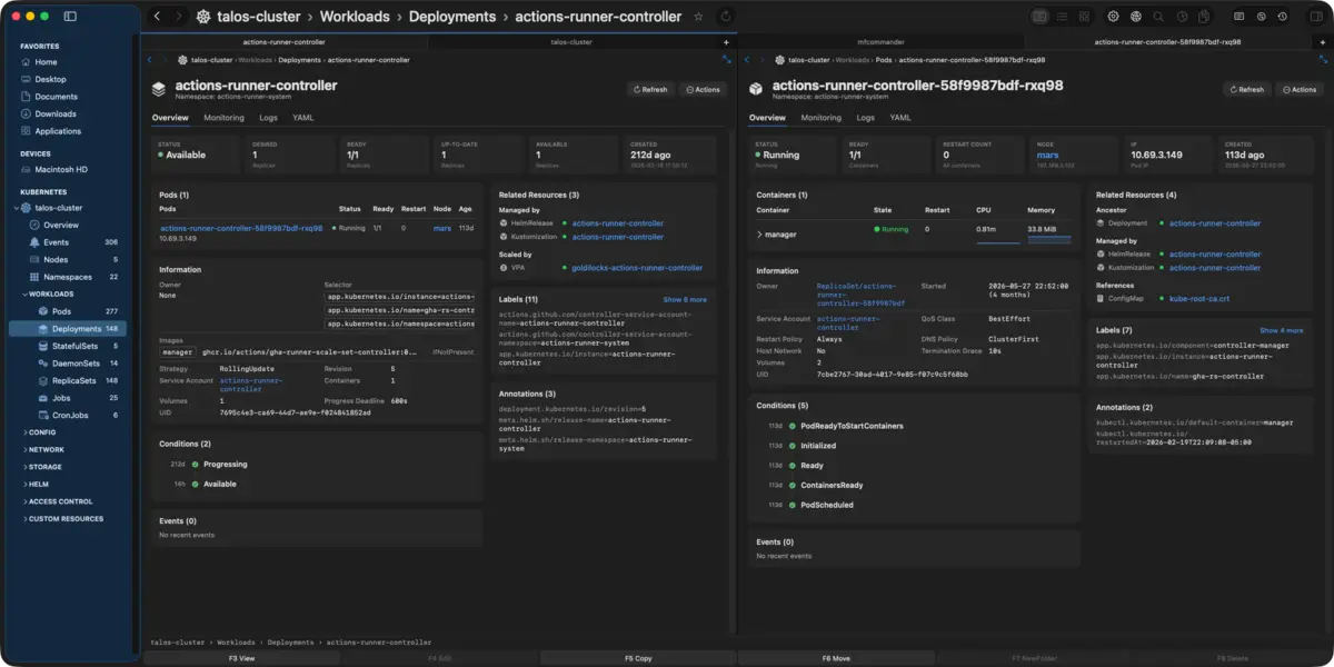 Two MFCommander detail views side by side: a Deployment on the left with its pods, images, conditions and a Related Resources panel listing what manages and scales it, and one of its pods on the right with status chips, per-container CPU and memory, and its own Related Resources naming the Deployment above it and the ConfigMap it reads.
